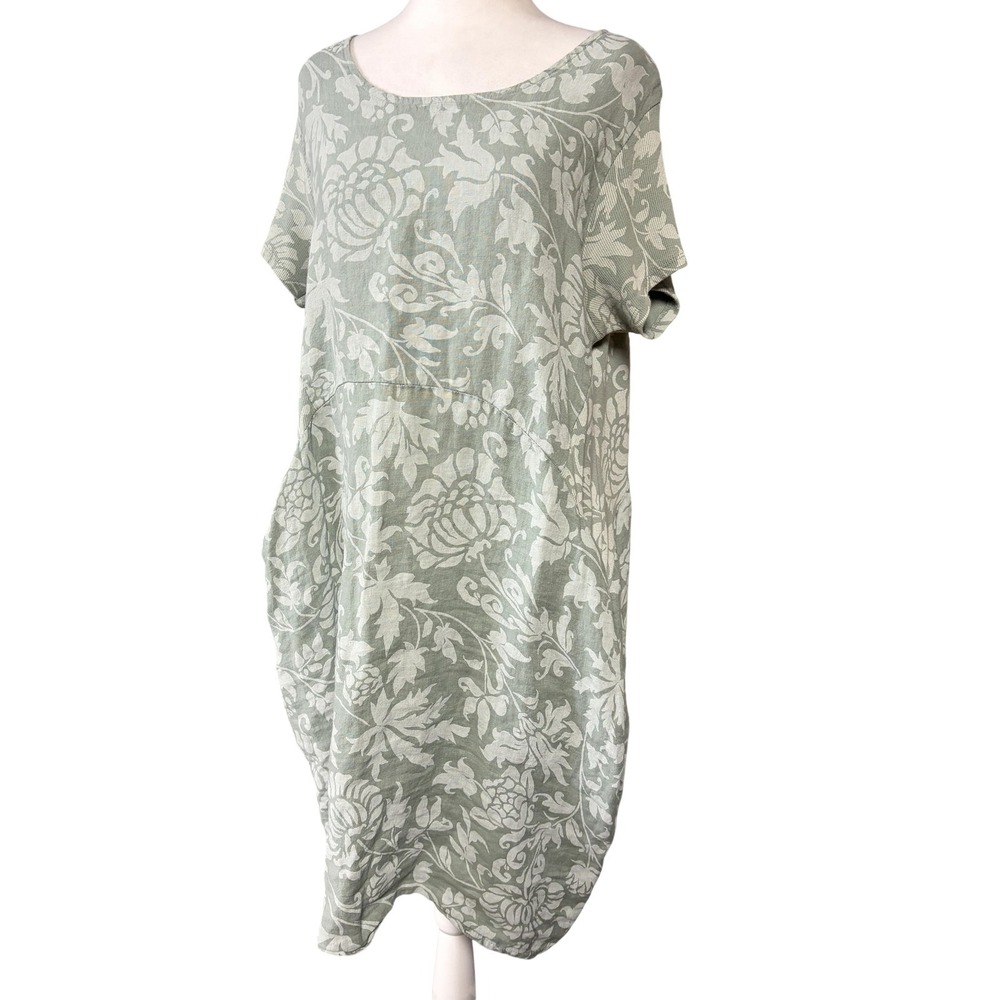 Colette Dress Womens 9 Green Floral Linen Shift Knee Length Pockets Italy